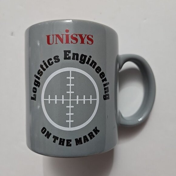Vintage UNISYS Logistics Engineering Coffee Mug Cross Hairs Gray Made in Japan - Picture 1 of 4